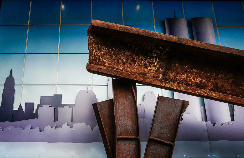 At Arlington Fire Station 46, at 137 N. Macleod Ave., a large steel I-beam lifted from the World Trade Center rubble following the 9/11 attacks is on display for the public. (Dan Bates / The Herald)
