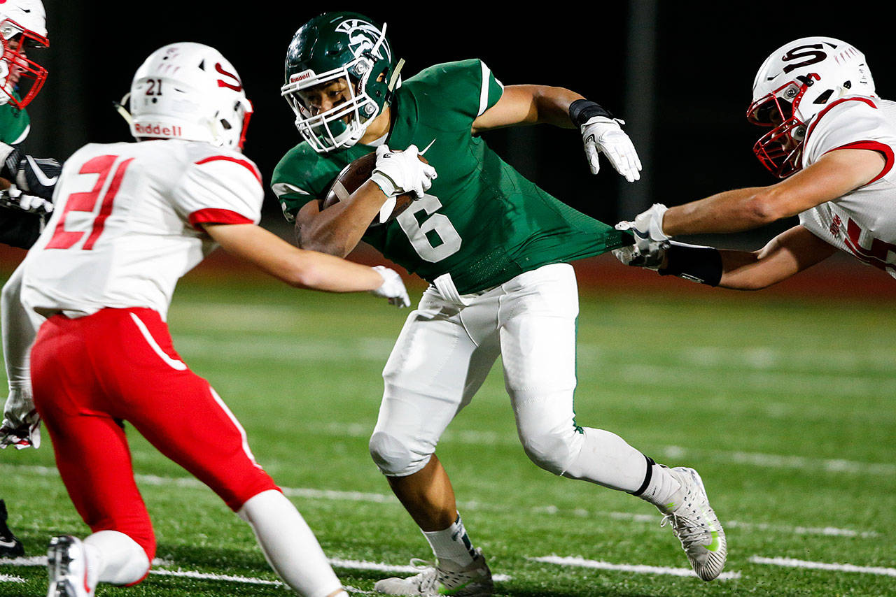 Edmonds-Woodway’s Capassio Cherry rushed for 2,021 yards last season, likely among the top totals in the state. (Ian Terry / The Herald)
