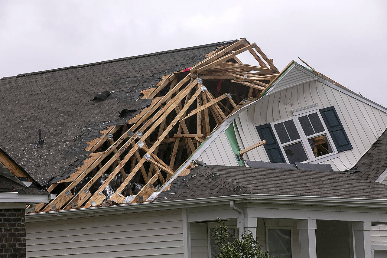 A tornado touched down in the The Farm at Brunswick County in Carolina Shores, North Carolina, on Thursday, damaging homes ahead of Hurricane Dorian’s arrival. (Jason Lee/The Sun News via AP)