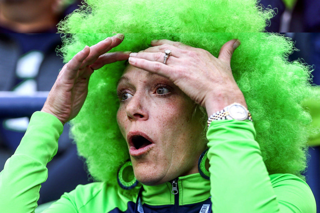 A ‘12’ reacts to the call on the field against Cincinnati at CenturyLink Field Sunday afternoon in Seattle on September 8, 2019. The Seahawks won 21-20. (Kevin Clark / The Herald)
