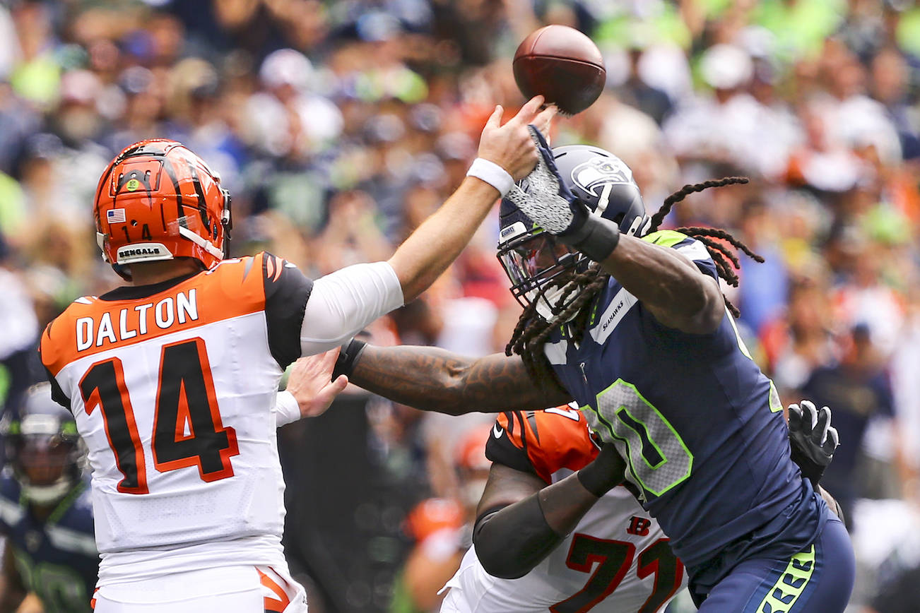 Seattle’s new defensive end Jadeveon Clowney had one sack in the Seahawks’ season-opening 21-20 victory over the Cincinnati Bengals on Sunday at CenturyLink Field. (Kevin Clark / The Herald)