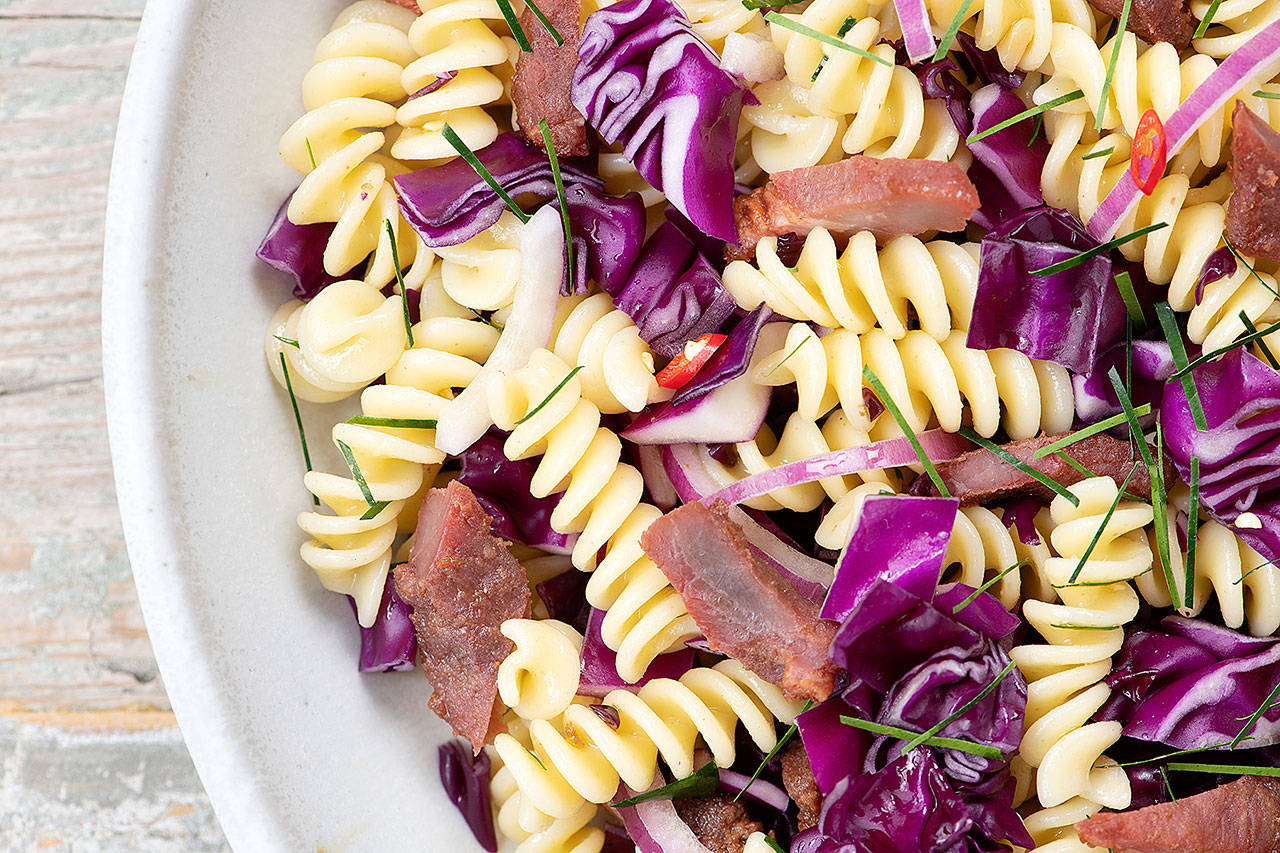 Thai pork jerky pasta salad is a hearty yet light one-dish meal. (Mariah Tauger/Los Angeles Times)