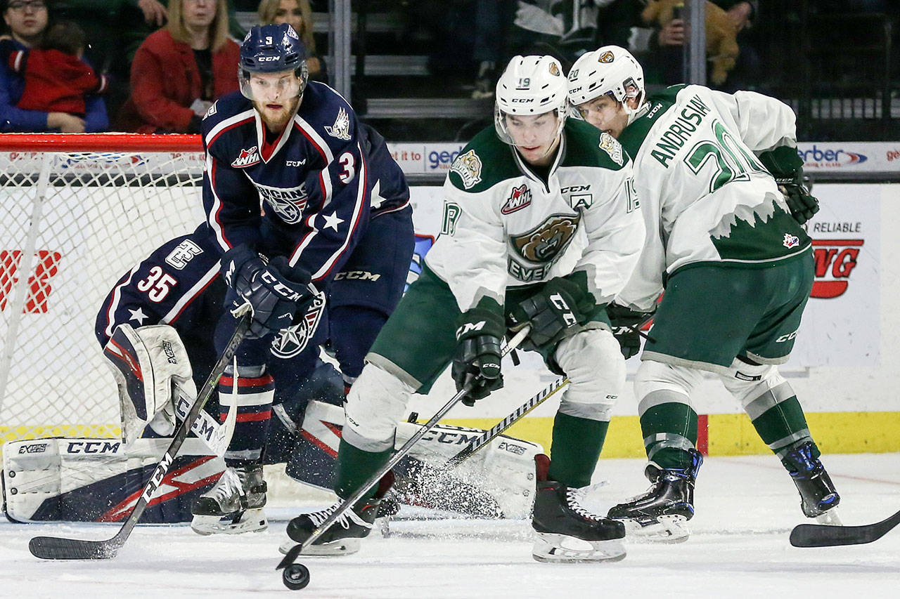 The Silvertips named overage forward Bryce Kindopp (center) team captain on Thursday. (Kevin Clark / The Herald)
