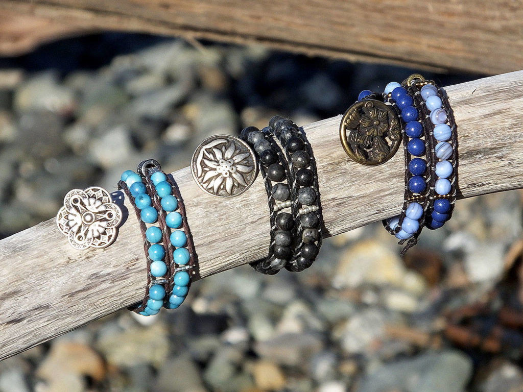 Artist Nan Clute also creates “grace wraps,” double-wrapped bracelets made by weaving natural stones into hemp. (Nan Clute)
