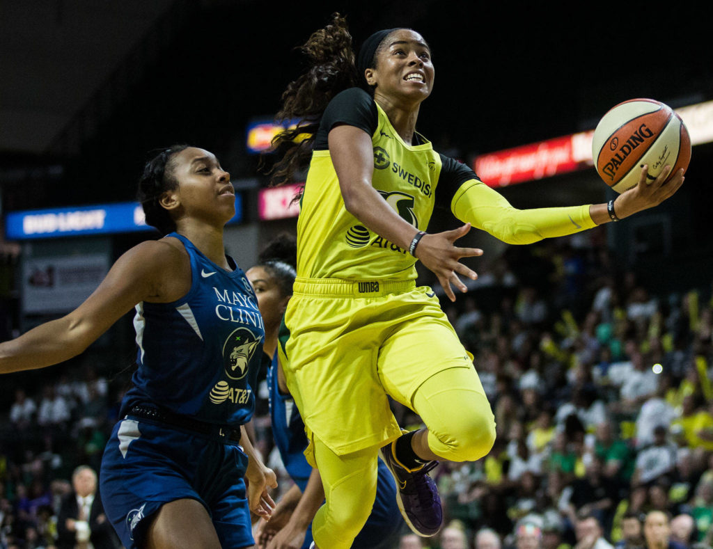 Seattle Storm’s Jordin Canada attempts a layup during the game against the Minnesota Lynx on Wednesday, Sept. 11, 2019 in Everett, Wash. (Olivia Vanni / The Herald)
