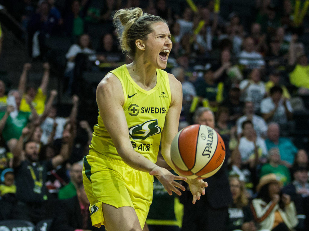 Seattle Storm’s Sami Whitcomb reacts to a teammate making a shot during the game against the Minnesota Lynx on Wednesday, Sept. 11, 2019 in Everett, Wash. (Olivia Vanni / The Herald)