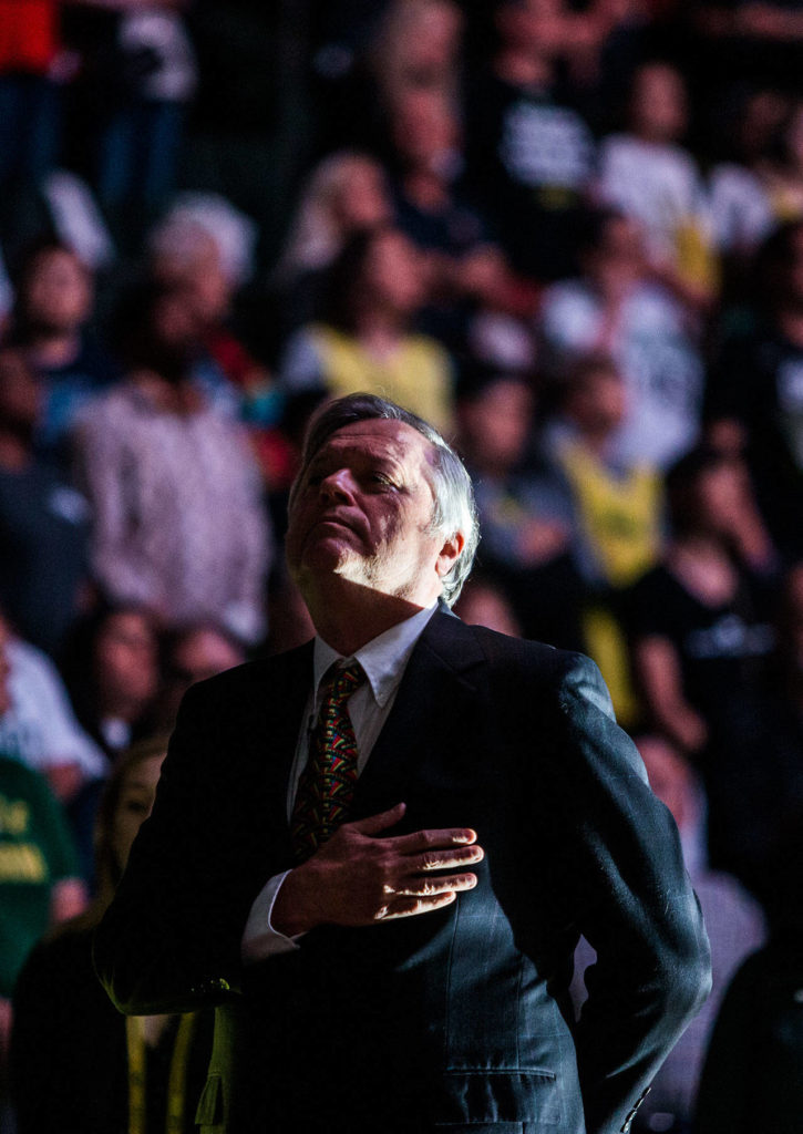 Seattle Storm head coach Dan Hughes stands during the National Anthem before the game against the Minnesota Lynx on Wednesday, Sept. 11, 2019 in Everett, Wash. (Olivia Vanni / The Herald)
