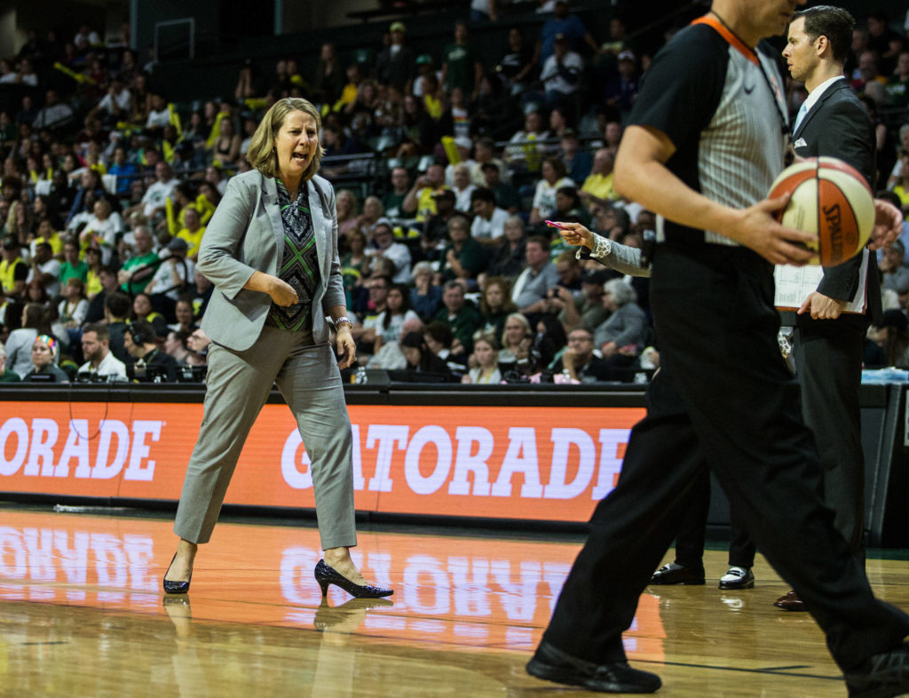 Minnesota Lynx head coach Cheryl Reeve yells at the referee during the game against the Minnesota Lynx on Wednesday, Sept. 11, 2019 in Everett, Wash. (Olivia Vanni / The Herald)
