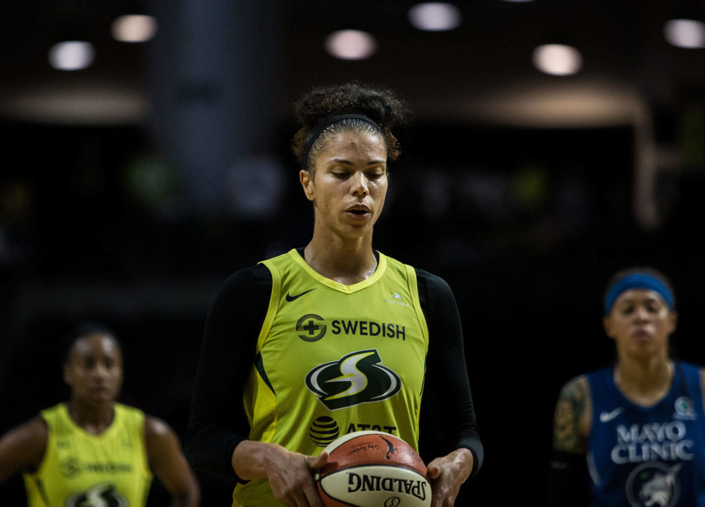 Seattle Storm’s Alysha Clark takes a breath before shooting a free-throw during the game against the Minnesota Lynx on Wednesday, Sept. 11, 2019 in Everett, Wash. (Olivia Vanni / The Herald)
