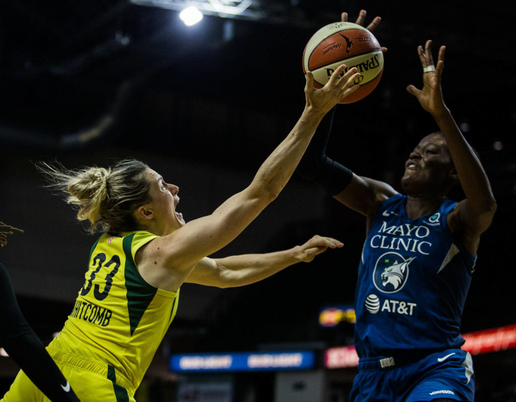 Seattle Storm’s Sami Whitcomb attempts a layup during the game against the Minnesota Lynx on Wednesday, Sept. 11, 2019 in Everett, Wash. (Olivia Vanni / The Herald)
