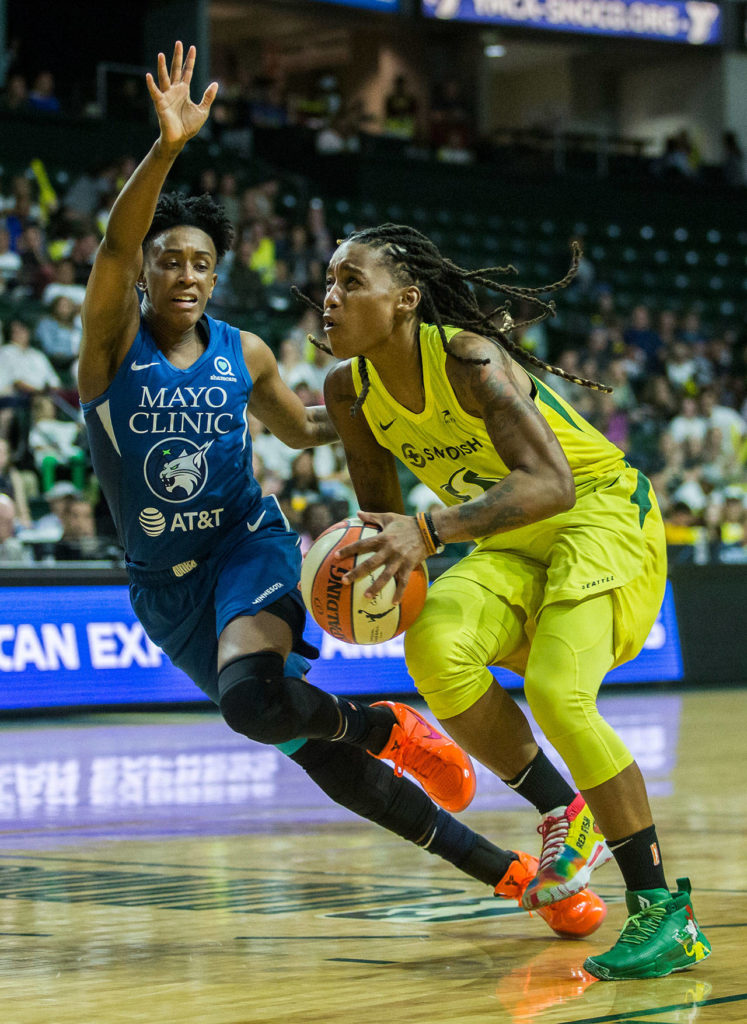Seattle Storm’s Shavonte Zellous drive to the hoop during the game against the Minnesota Lynx on Wednesday, Sept. 11, 2019 in Everett, Wash. (Olivia Vanni / The Herald)