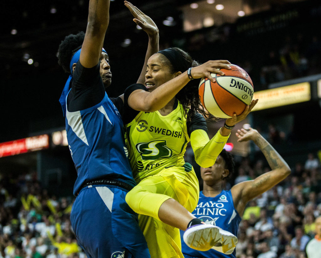 Seattle Storm’s Jordin Canada attempts to pass during the game against the Minnesota Lynx on Wednesday, Sept. 11, 2019 in Everett, Wash. (Olivia Vanni / The Herald)
