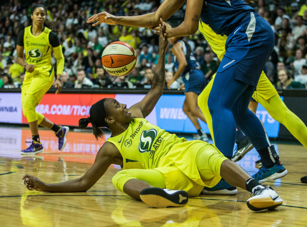 Seattle Storm’s Jewell Loyd knocks the ball free during the game against the Minnesota Lynx on Wednesday, Sept. 11, 2019 in Everett, Wash. (Olivia Vanni / The Herald)
