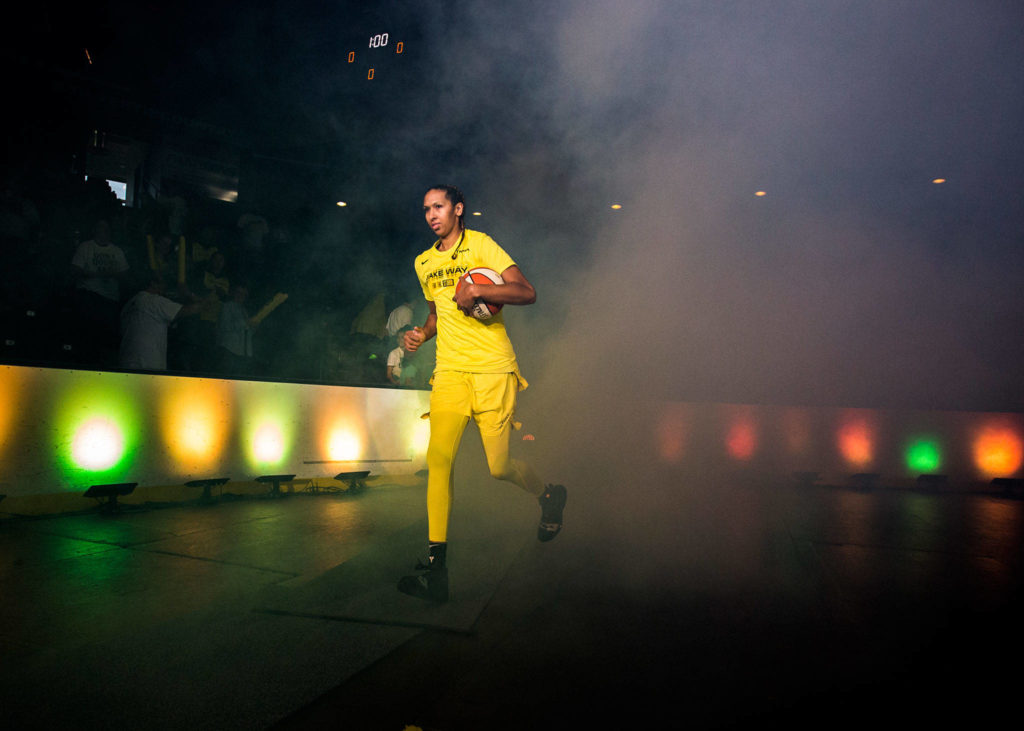 Seattle Storm’s Mercedes Russell runs out onto the court before the game against the Minnesota Lynx on Wednesday, Sept. 11, 2019 in Everett, Wash. (Olivia Vanni / The Herald)