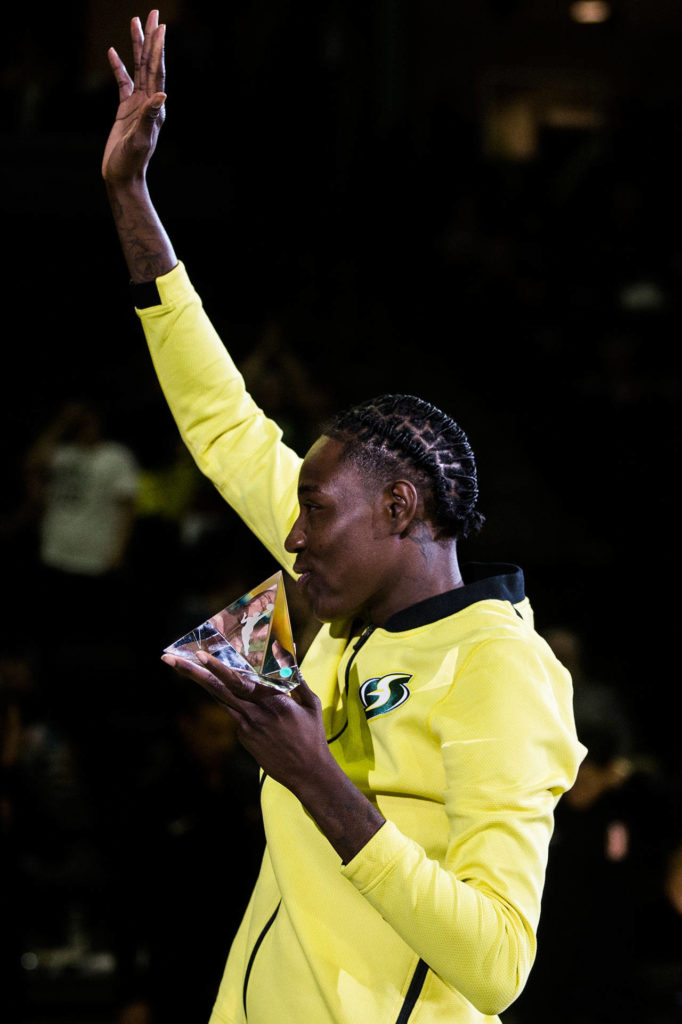Seattle Storm’s Natasha Howard accepts the Defensive Play of the Year award before the game against the Minnesota Lynx on Wednesday, Sept. 11, 2019 in Everett, Wash. (Olivia Vanni / The Herald)