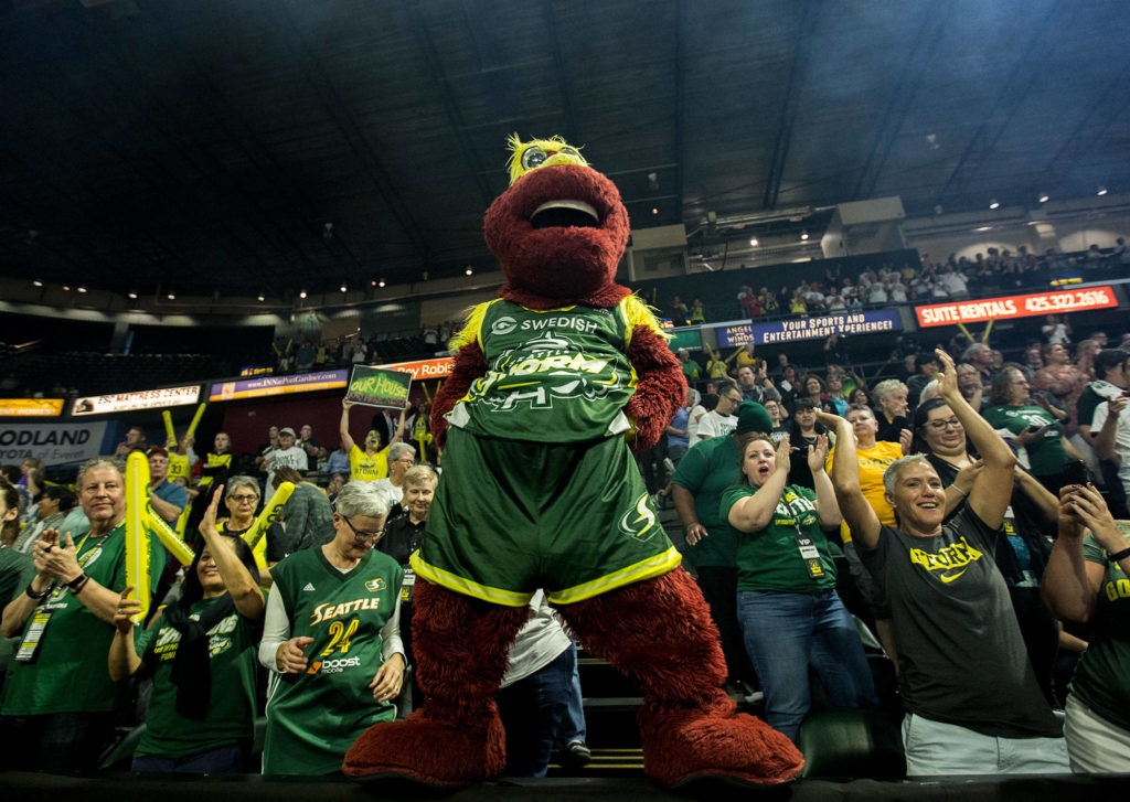 Seattle Storm mascot Doppler gets the crowd pumped up before the game against the Minnesota Lynx on Wednesday, Sept. 11, 2019 in Everett, Wash. (Olivia Vanni / The Herald)