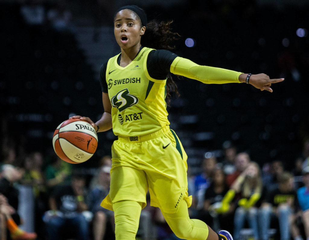 Seattle Storm’s Jordin Canada signals a play during the game against the Minnesota Lynx on Wednesday, Sept. 11, 2019 in Everett, Wash. (Olivia Vanni / The Herald)
