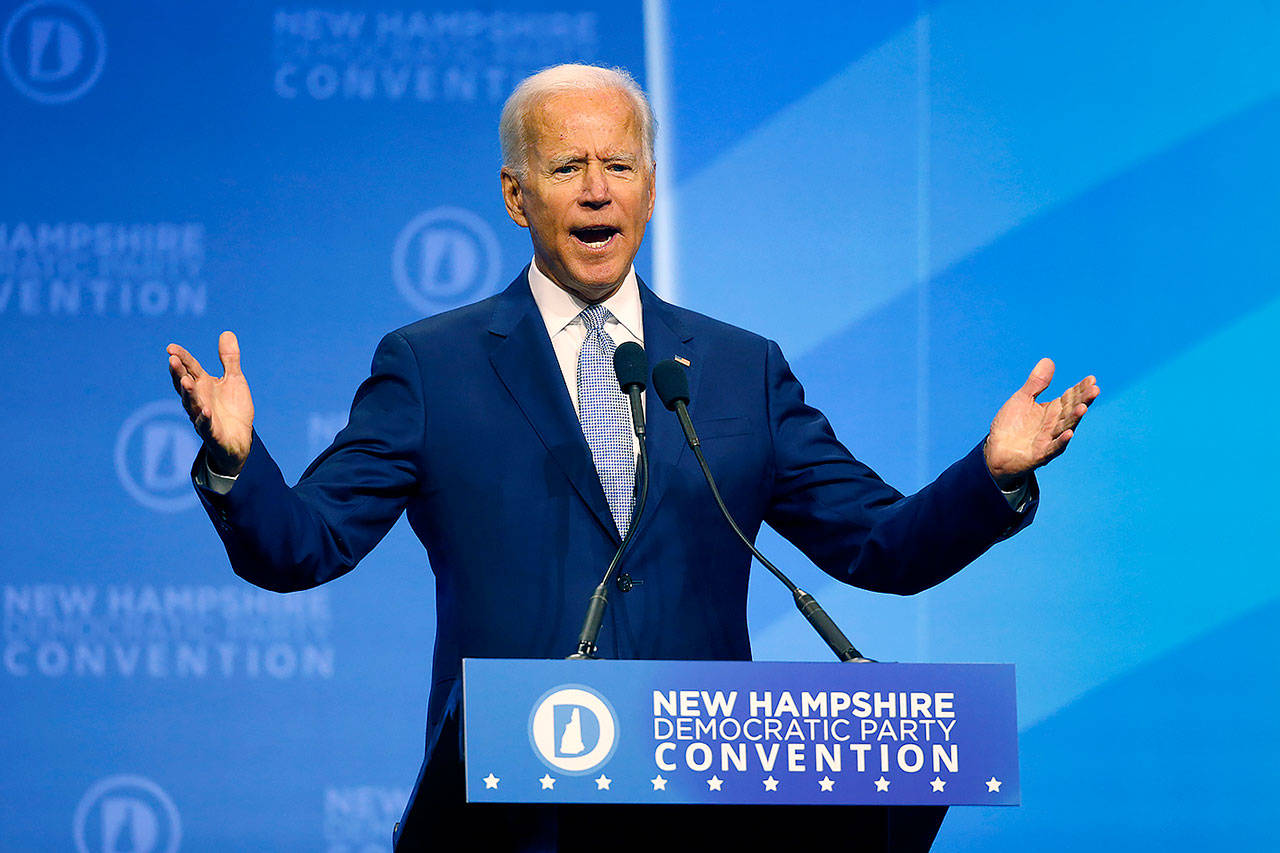 Democratic presidential candidate former Vice President Joe Biden speaks during the New Hampshire state Democratic Party convention Saturday in Manchester, New Hampshire. (AP Photo/Robert F. Bukaty)