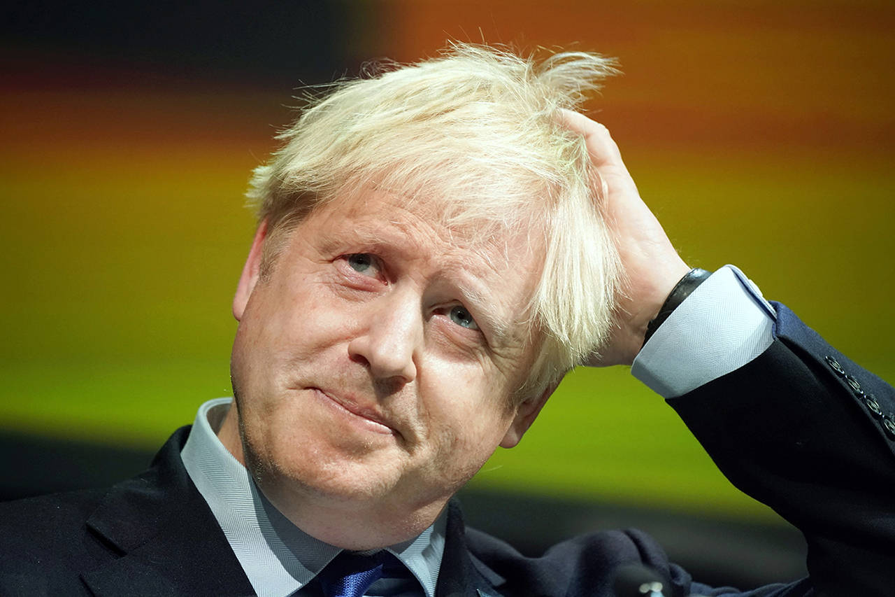 Britain’s Prime Minister Boris Johnson speaks at the Convention of the North at the Magna Centre in Rotherham, England, on Friday. (Christopher Furlong/Pool photo via AP)