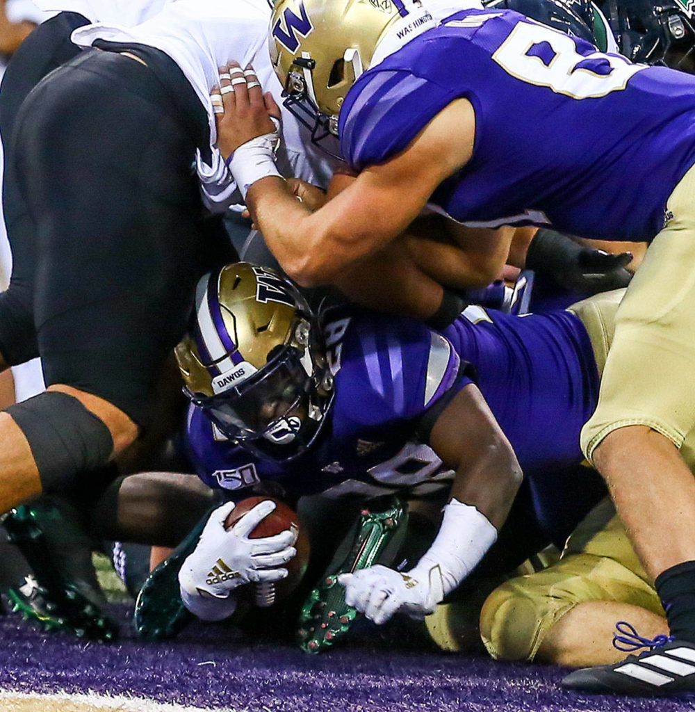 Washington’s Richard Newton squeezes under the pile for a touchdown Saturday evening at Husky Stadium in Seattle on September 14, 2019. Husky won 52-20. (Kevin Clark / The Herald)
