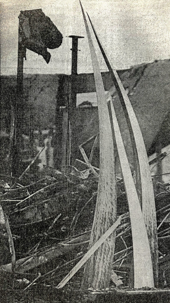“Feather Star,” a stainless steel sculpture by artist Ali Baudoin, amid the rubble of the Feb. 16, 1987, fire that destroyed the old Trojan Union Building that housed the EvCC library. The fire killed Gary Parks, an Everett firefighter. The sculpture became the inspiration for the college logo. (Frank Varga / Herald file)
