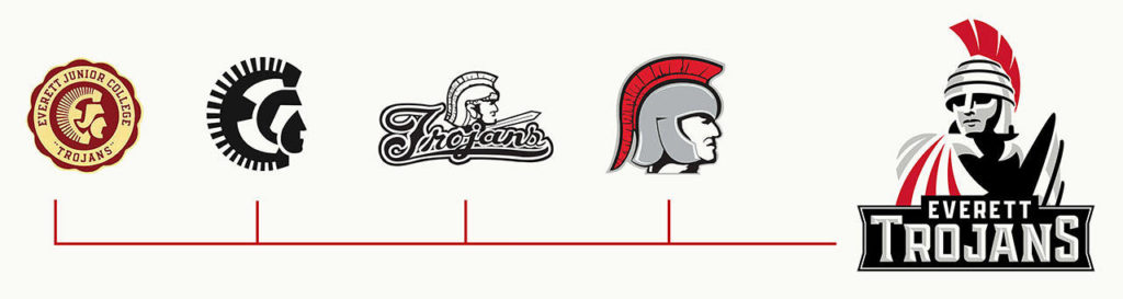 The new Trojan design (right) is Everett Community College’s symbol of student spirit and athletics. Different versions have been used since the Trojan mascot was chosen by students in 1942. (Courtesy Everett Community College)

