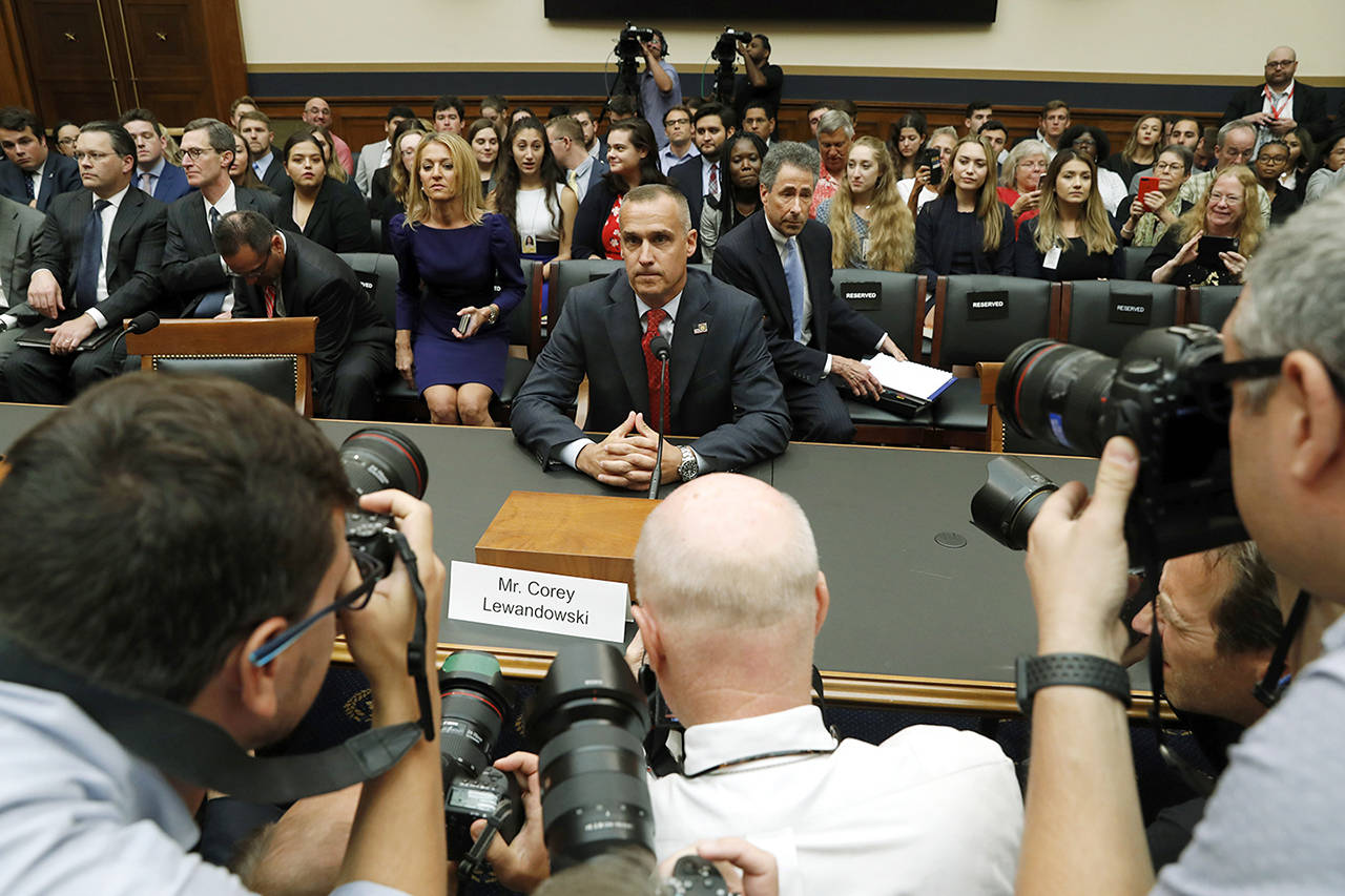 Corey Lewandowski, the former campaign manager for President Donald Trump, arrives to testify to the House Judiciary Committee on Tuesday in Washington. (AP Photo/Jacquelyn Martin)