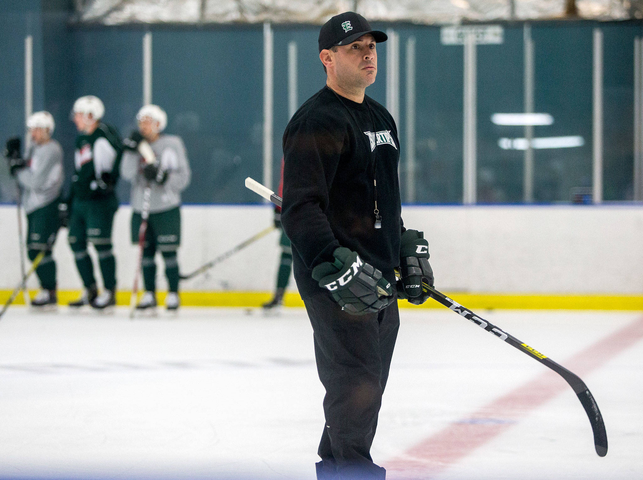 Silvertips head coach Dennis Williams during practice on Sept. 12 at Angel of the Winds Arena in Everett. (Olivia Vanni / The Herald)