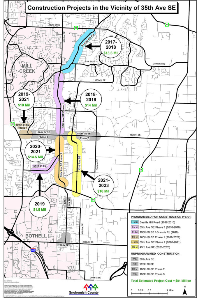 Map of construction projects around 35th Avenue SE near Mill Creek. (Snohomish County Public Works)
