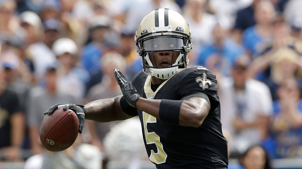 Saints quarterback Teddy Bridgewater passes against the Rams during the first half of a game Sept. 15, 2019, in Los Angeles. (AP Photo/Marcio Jose Sanchez)