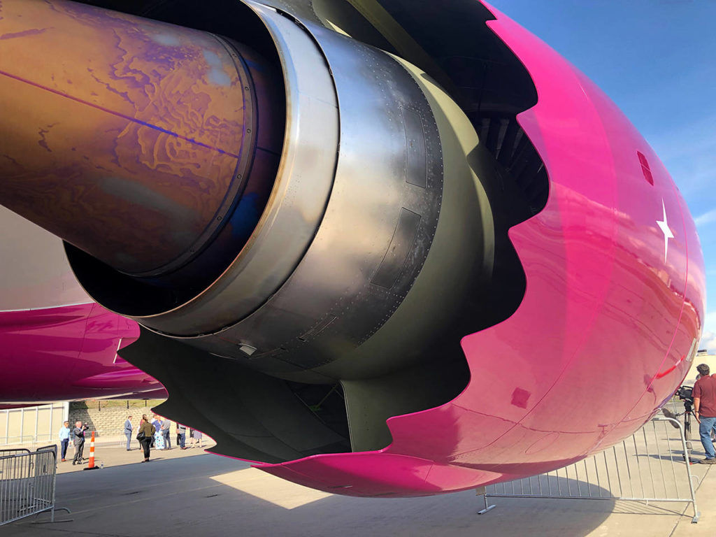 Boeing decorated a 787 Dreamliner to celebrate its Employees Community Fund. Signs and symbols of giving are displayed on a pink and purple decal that’s applied like wallpaper to the airplane. The decal is specifically designed to adhere to the 787 Dreamliner, nearly half of which is made of composite materials. (Janice Podsada / The Herald)
