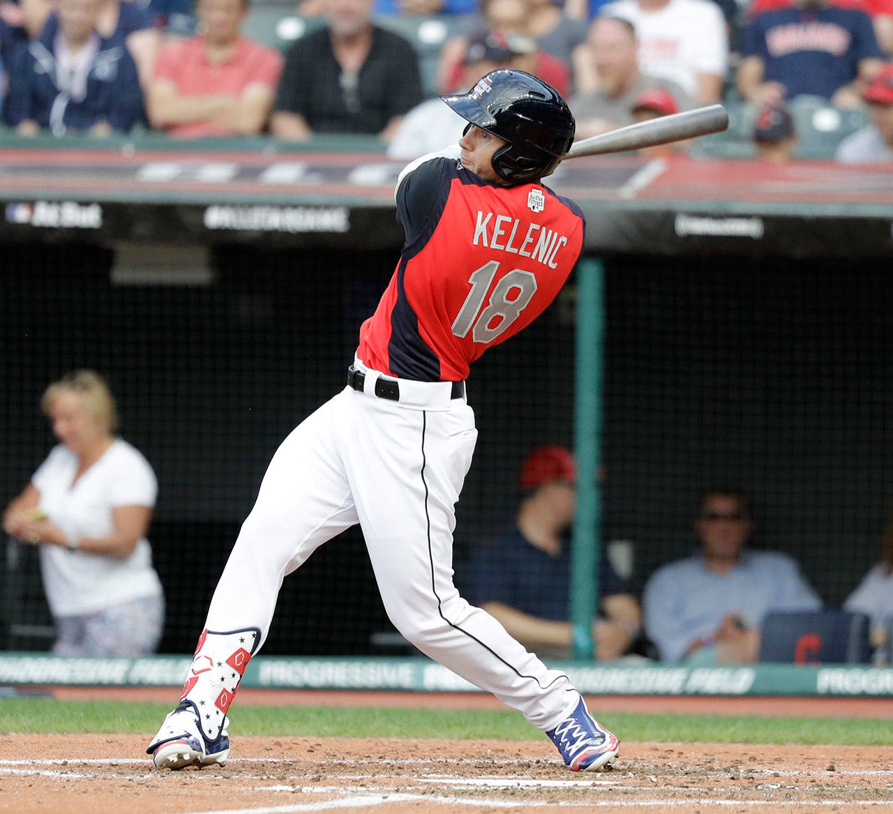 The Mariners’ Jarred Kelenic bats during the MLB All-Star Futures Game on July 7, 2019, in Cleveland. Kelenic hit .291 and slugged 23 homers this season. (AP Photo/Darron Cummings)