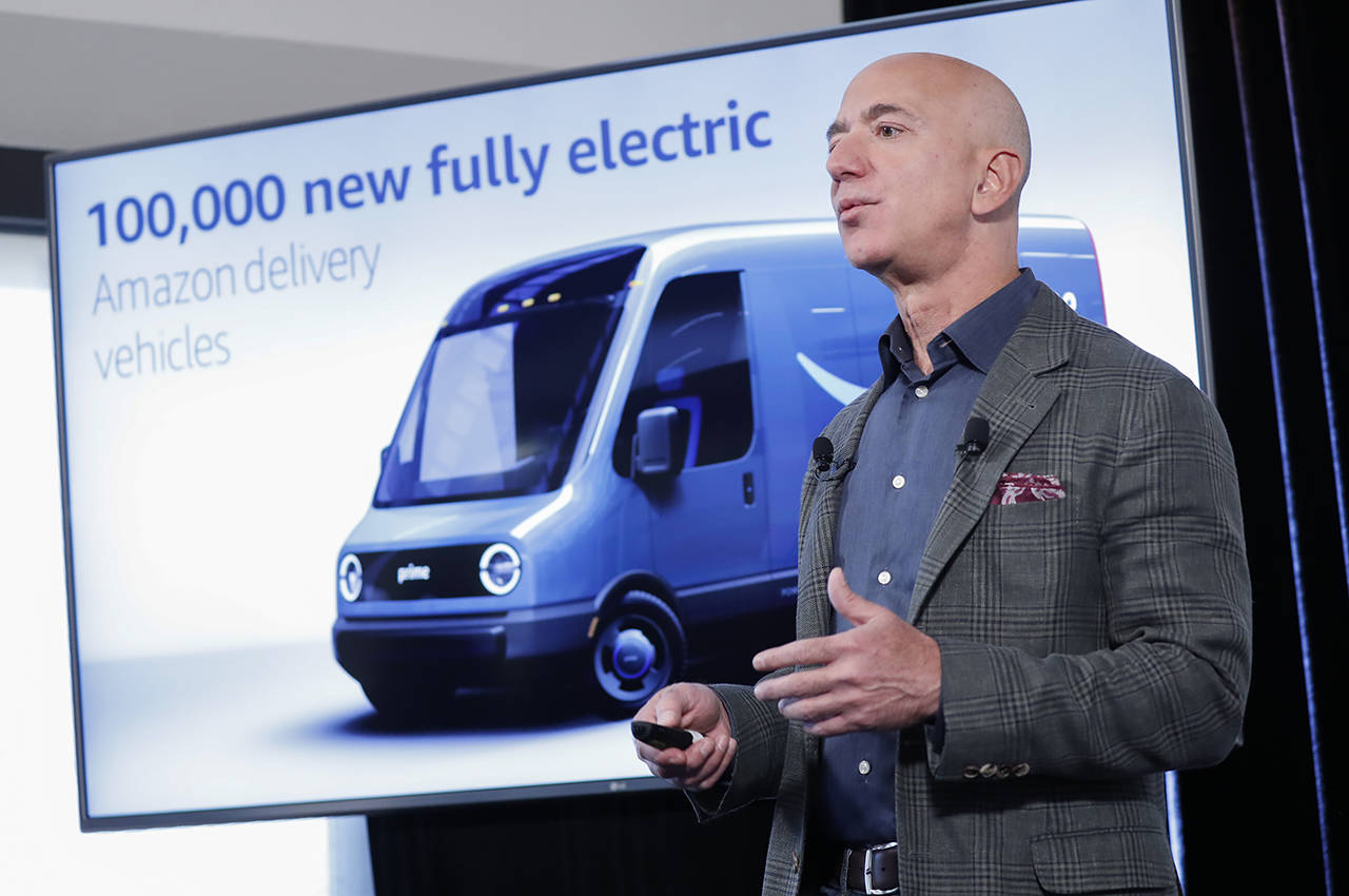 Amazon CEO Jeff Bezos speaks during his news conference at the National Press Club in Washington on Thursday. Bezos announced the Climate Pledge, setting a goal to meet the Paris Agreement 10 years early. (AP Photo/Pablo Martinez Monsivais)