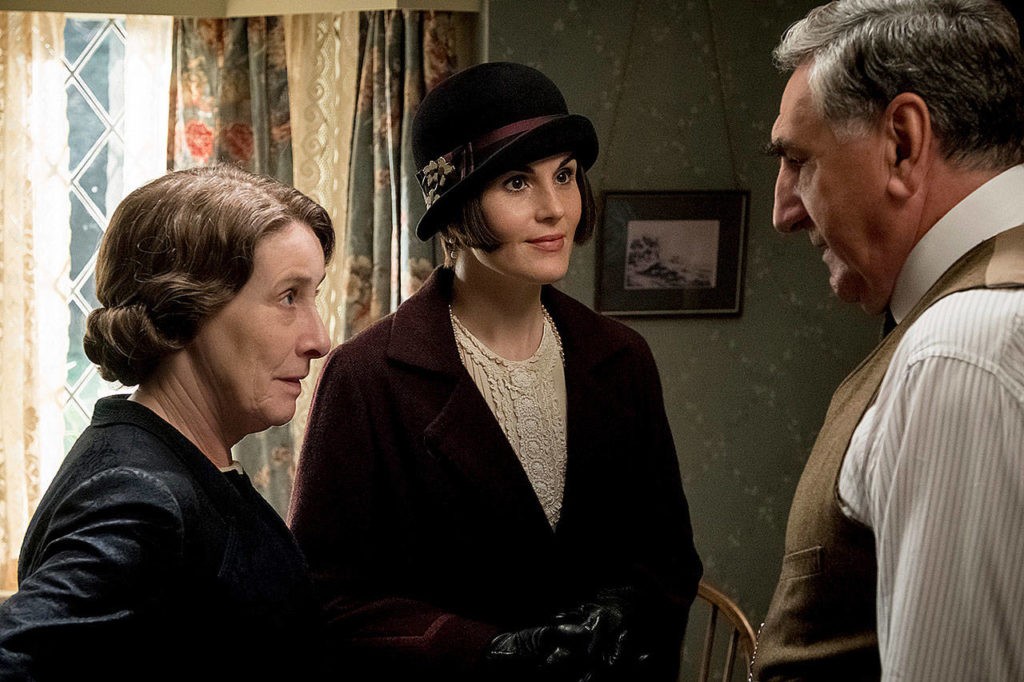 Lady Mary (Michelle Dockery) pays a visit to top-ranking servants Carson (Jim Carter) and his wife, Mrs. Hughes (Phyllis Logan), which probably made them very nervous.
