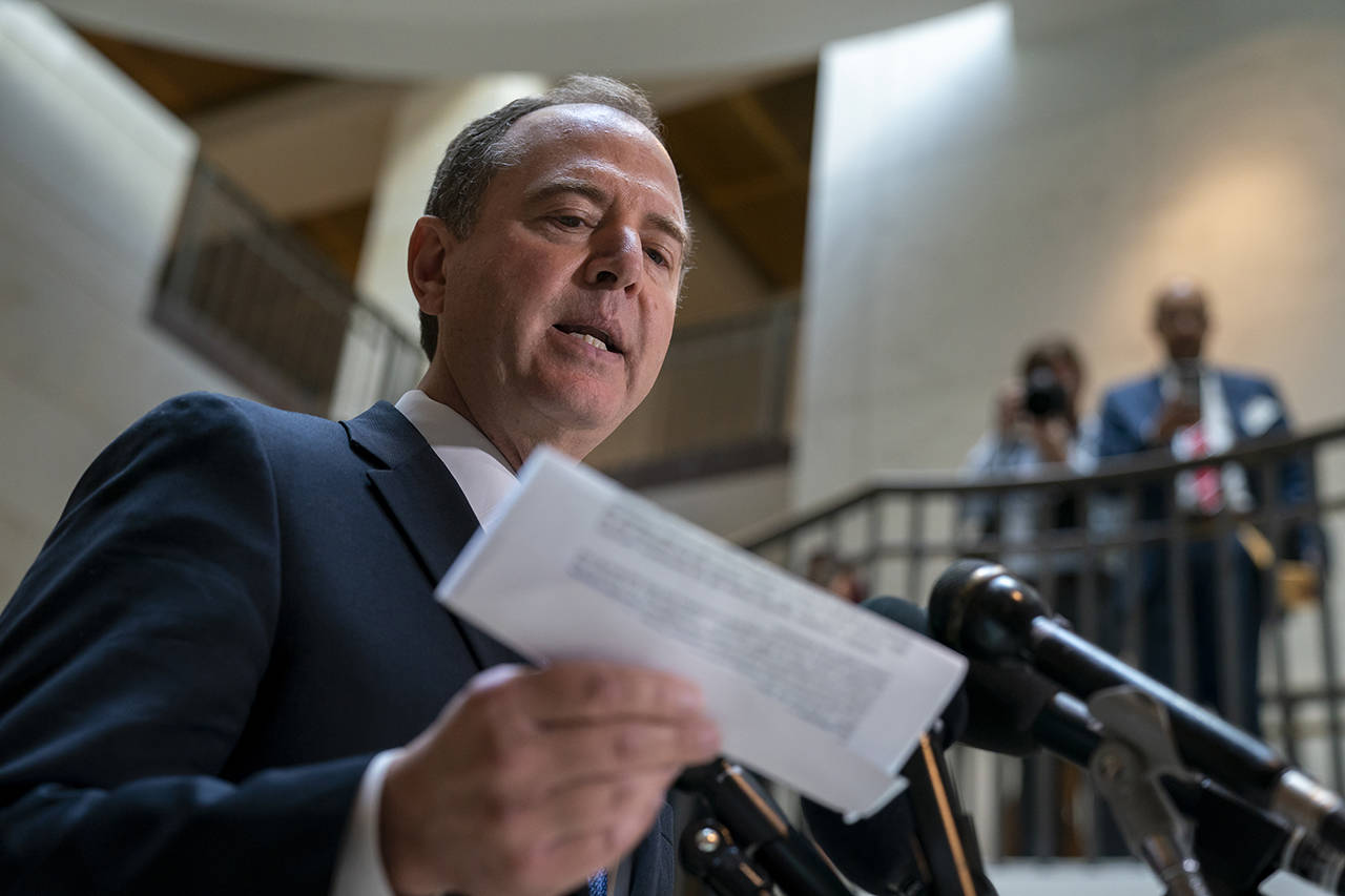 House Intelligence Committee Chairman Adam Schiff speaks to reporters after the panel met behind closed doors with national intelligence inspector general Michael Atkinson about a whistleblower complaint, at the Capitol in Washington, on Thursday. (AP Photo/J. Scott Applewhite)