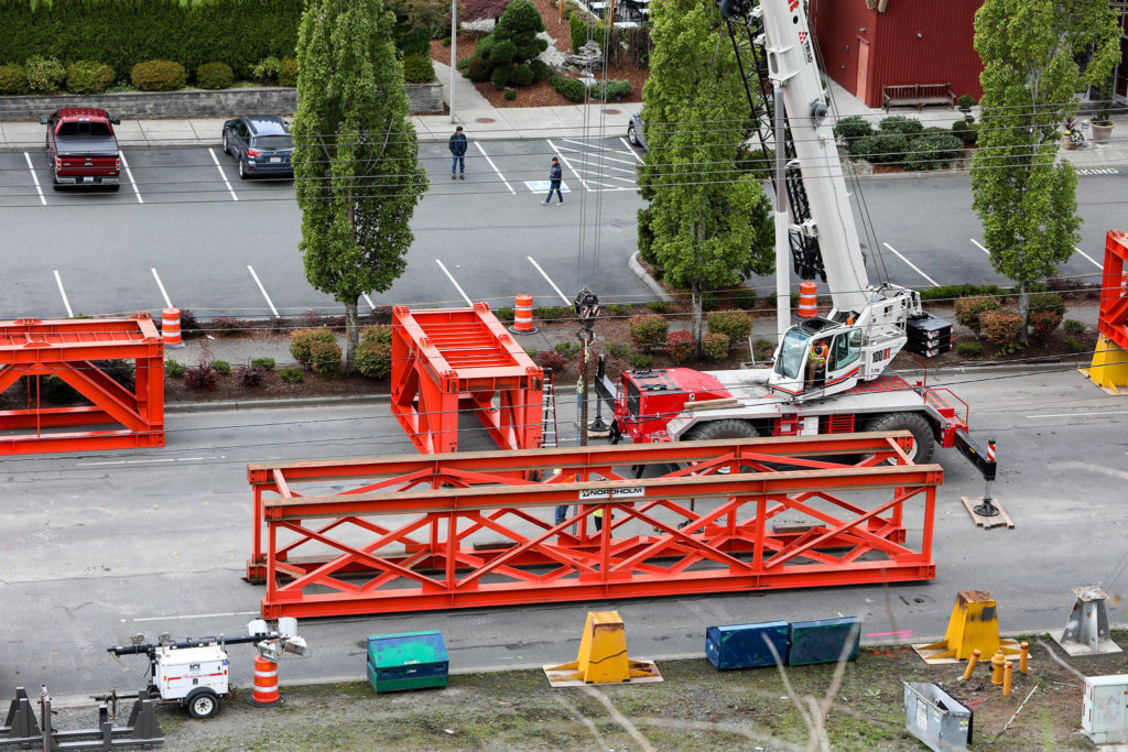 Cribbing is assembled over the weekend, which will be used to support the Grand Avenue Park Bridge when it rotates. (Lizz Giordano / The Herald)
