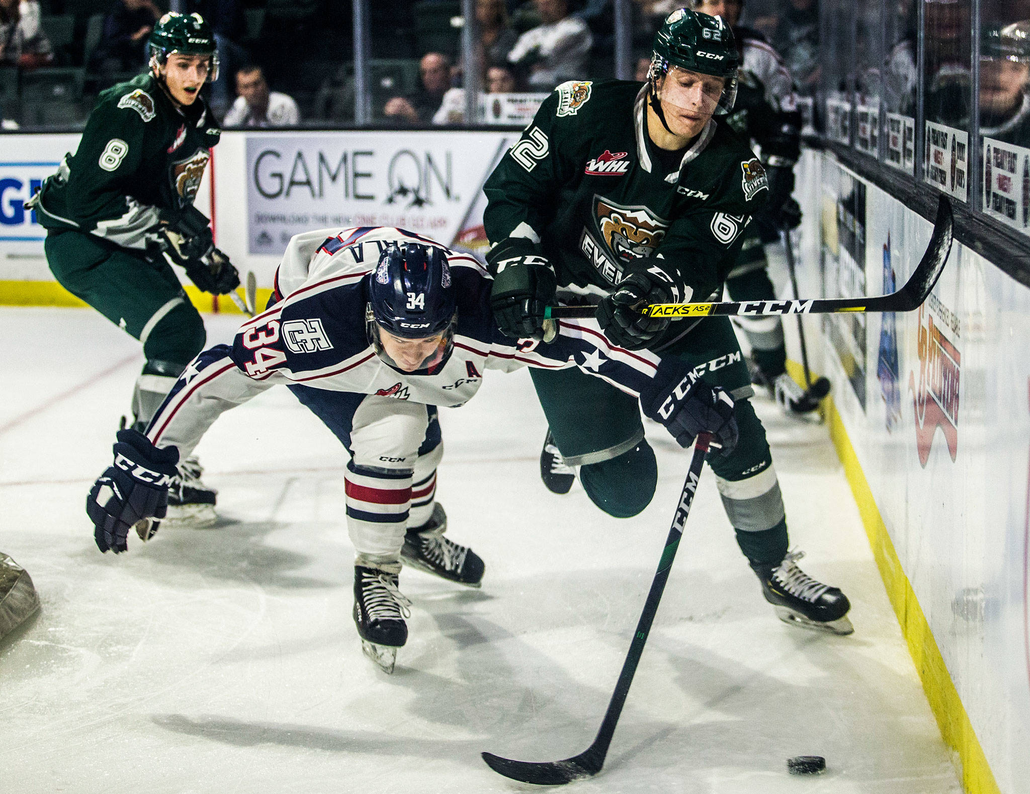 Silvertips’ Michal Gut fights Tri-City’s Sasha Mutala for the puck during the game against the Tr-City Americans on Friday, Sept. 20, 2019 in Everett, Wash. (Olivia Vanni / The Herald)