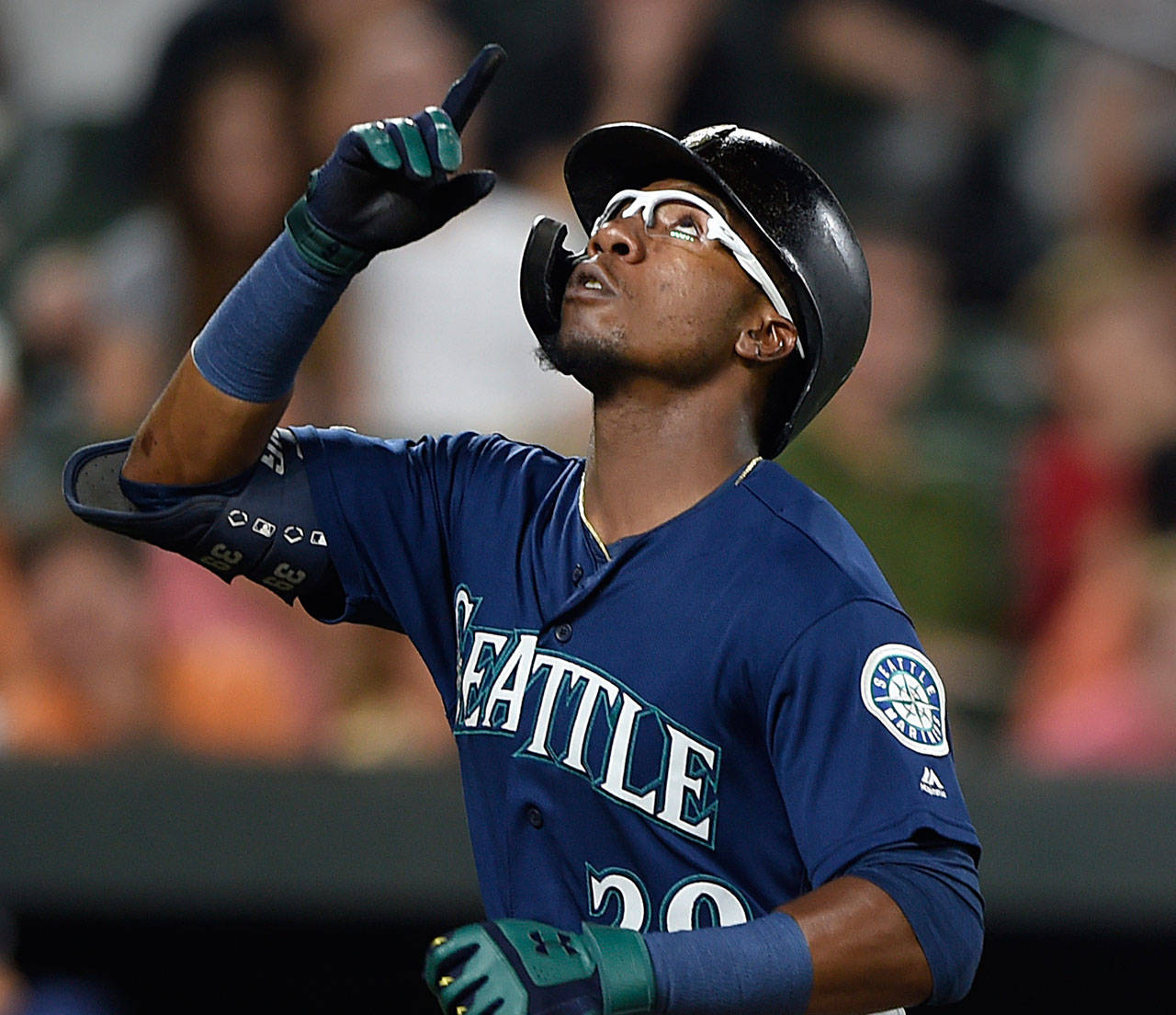 The Mariner Shed Long reacts after hitting a solo home run against the Orioles in the third inning of a game Sept. 21, 2019, in Baltimore. (AP Photo/Gail Burton)