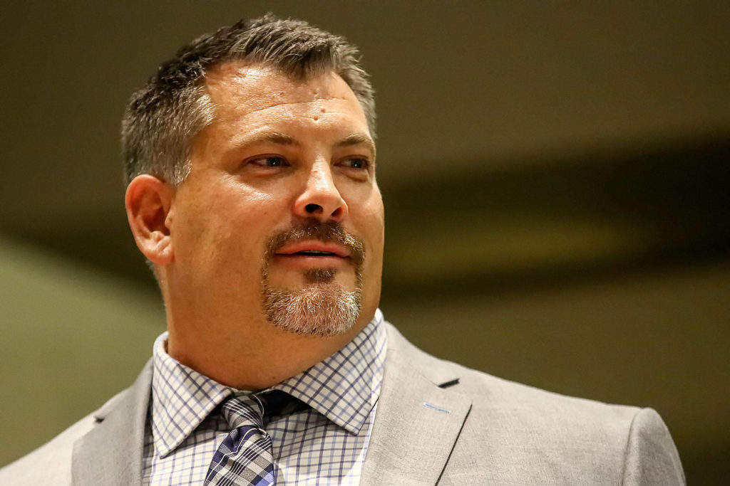 Jarred Rome was one of nine inductees in the 10th Annual Snohomish County Sports Hall of Fame Banquet on Sept. 18 at Angel of the Winds Arena in Everett. In his acceptance speech, he said, “The two things I learned in my life you need to have to have success are failure — that’s No. 1 — and support.” (Kevin Clark / The Herald)
