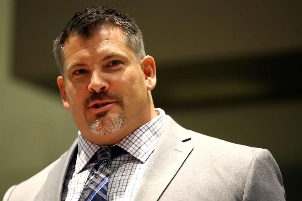 Jarred Rome delivers his acceptance speech Wednesday evening during the 10th Annual Snohomish County Sports Hall of Fame Banquet at Angel of the Winds Arena in Everett. He was found dead Saturday morning in Tulalip. (Kevin Clark / The Herald)
