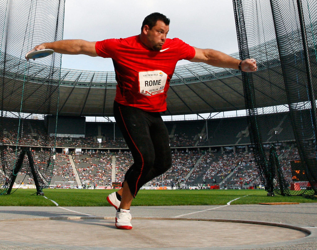 Jarred Rome from the U.S. throws during the men’s discus competition at the ISTAF Athletics Meeting in Berlin, Germany, on Sept. 11, 2011. (AP Photo/Michael Sohn)
