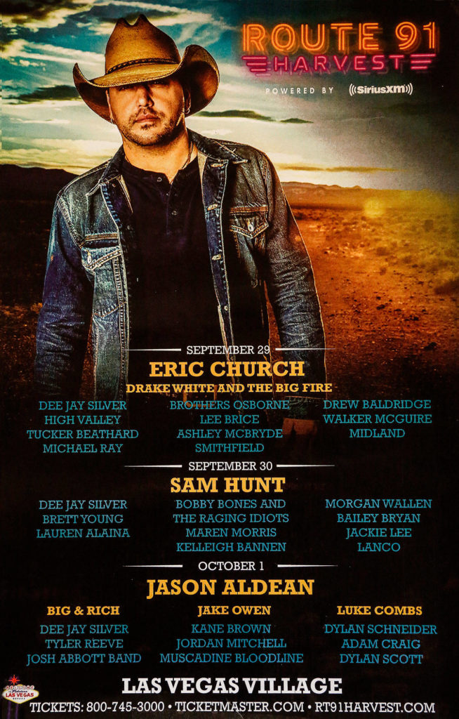 A poster from the 2017 Route 91 Harvest Festival shows Jason Aldean, the performer who was on stage when a gunman attacked a concert venue killing 58 people. It is among Susan Zahler’s keepsakes from the event. (Dan Bates / The Herald)
