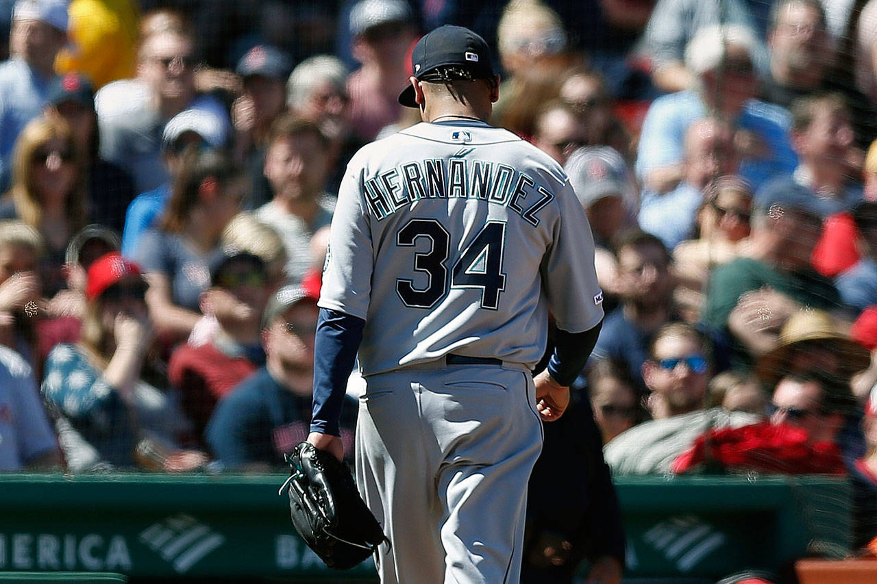 The Mariners’ Felix Hernandez walks off the field after being relieved during the third inning of a game against the Red Sox on May 11, 2019, in Boston. (AP Photo/Michael Dwyer)