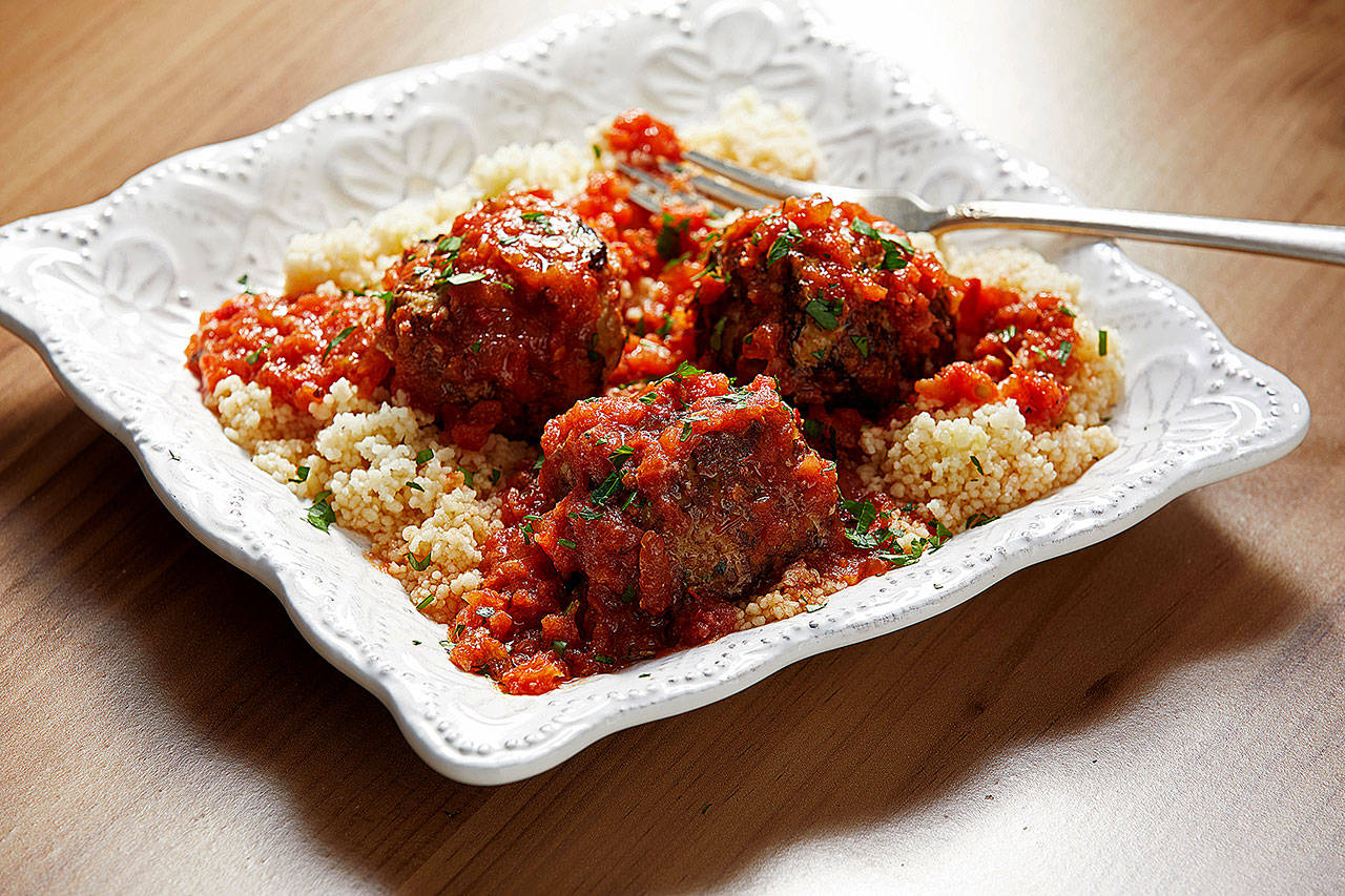 These turkey meatballs are made with grated fresh tomato sauce and harissa chili paste. (Photo by Tom McCorkle for The Washington Post)
