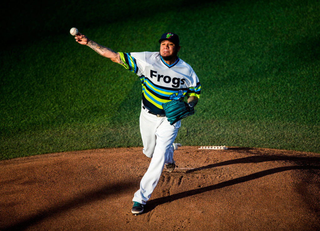 Mariners pitcher Felix Hernandez pitches for the AquaSox during a rehab appearance Aug. 14 against the Tri-City Dust Devils at Funko Field at Everett Memorial Stadium in Everett. (Olivia Vanni | The Herald)
