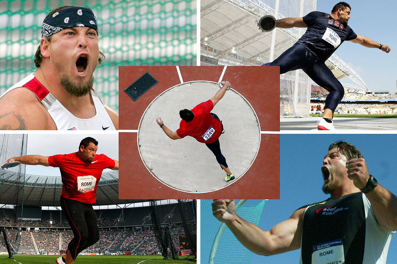 Top left: Jarred Rome at the World Athletics Championships in Helsinki, Finland, in 2005 (AP Photo/Martin Meissner); top right: at the World Athletics Championships in Daegu, South Korea, in 2011 (AP Photo/Matt Dunham); bottom left: at the ISTAF Athletics Meeting in Berlin, Germany, in 2011 (AP Photo/Michael Sohn); bottom right: at the Olympic Track and Field trials in Sacramento, California in 2004 (AP Photo/Eric Risberg); center: at the 2012 Summer Olympics at the Olympic Stadium in London. (AP Photo/Pawel Kopczynski, Pool)