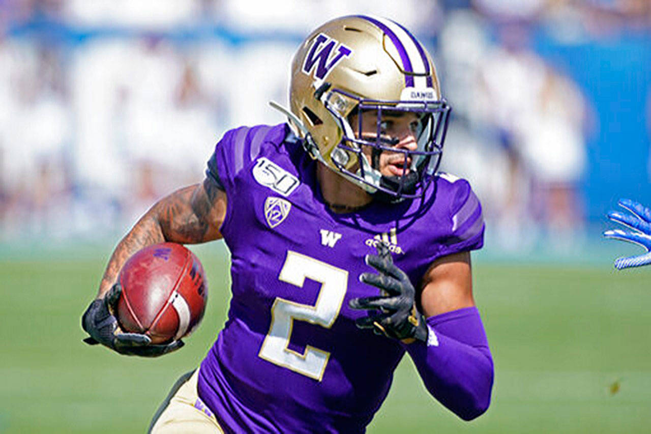 Washington wide receiver Aaron Fuller (2) in action during a game against BYU on Sept. 21, 2019, in Provo, Utah. (AP Photo/George Frey)