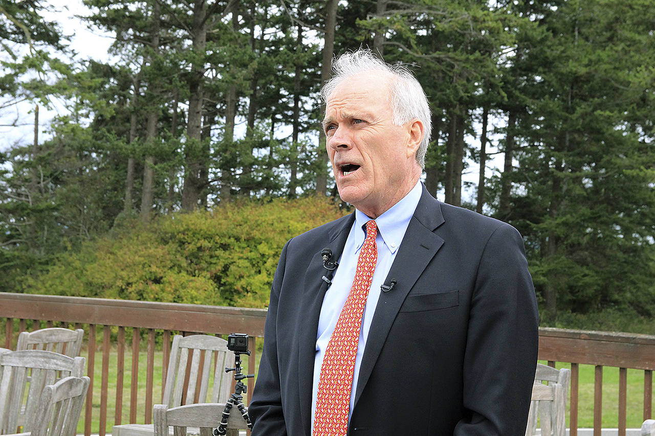 Secretary of the Navy Richard V. Spencer speaks to reporters outside the officer’s club at Naval Air Station Whidbey Island on Sept. 20. (Laura Guido / Whidbey News-Times)