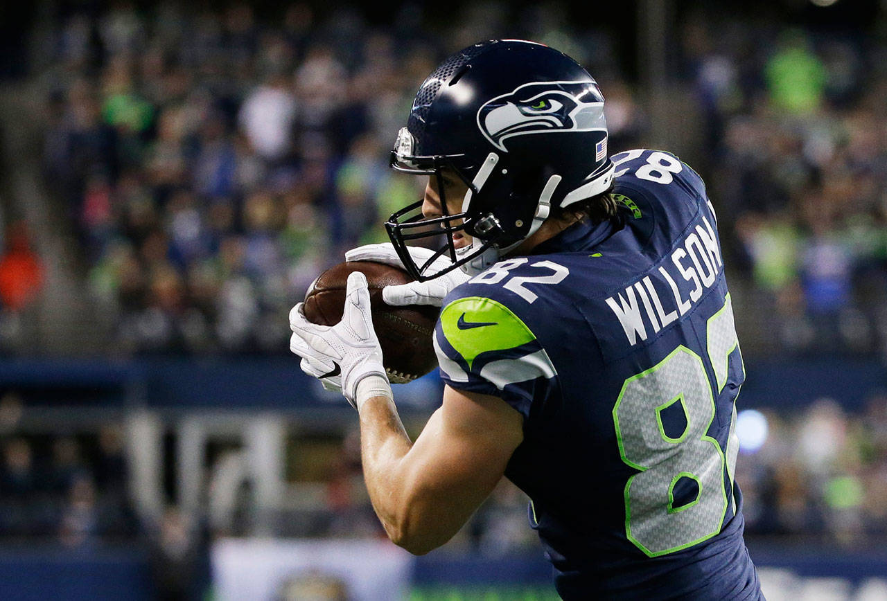 Tight end Luke Willson was re-signed by the Seahawks this week after spending a season with the Lions and training camp this season with the Raiders. (AP Photo/Elaine Thompson)