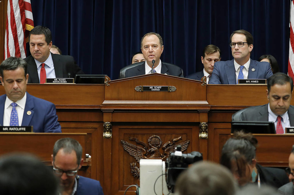 House Intelligence Committee Chairman, Rep. Adam Schiff, speaks before Acting Director of National Intelligence Joseph Maguire testifies before the House Intelligence Committee on Capitol Hill in Washington on Thursday. (AP Photo/Pablo Martinez Monsivais)
